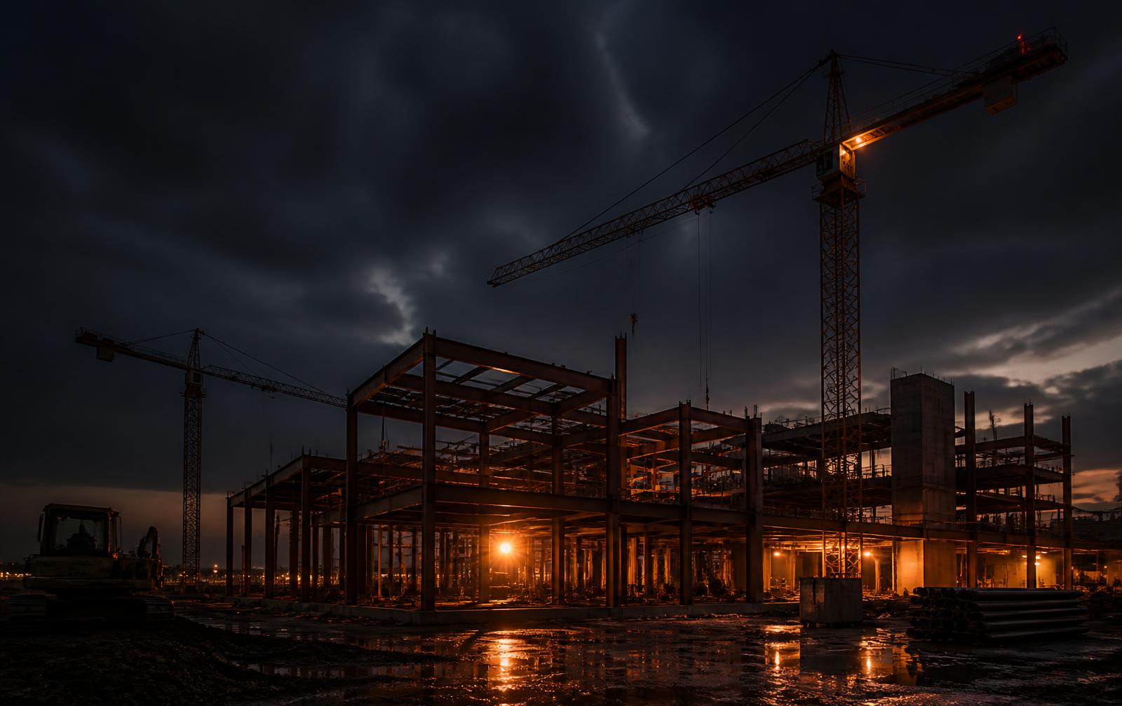 Construction site at dusk with cranes and worklights